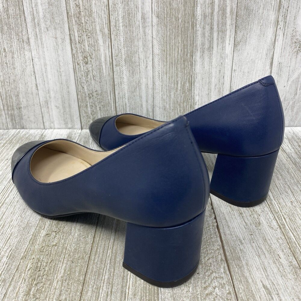 Cole Haan Dawna Pumps Navy Blue Leather Block Heel Cap Toe Black Shoes Size 6 B - Picture 3 of 11